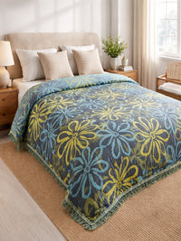 Tagesdecke – Blumenmuster Anthrazit-Gelb-Türkis 200x240 cm