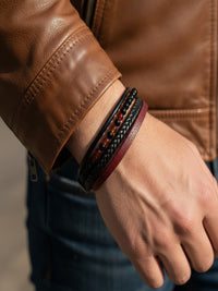 Herren Lederarmband – Bordeaux & Schwarze Perlen Set