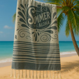 Strand-Sauna Tuch Hello Summer Black - Ideal für Strand, Sauna und Pool